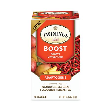 TWININGS Boost Mango Chili Chai Herbal Tea Bags, 0.95 oz, PK18, 18PK TNA54440